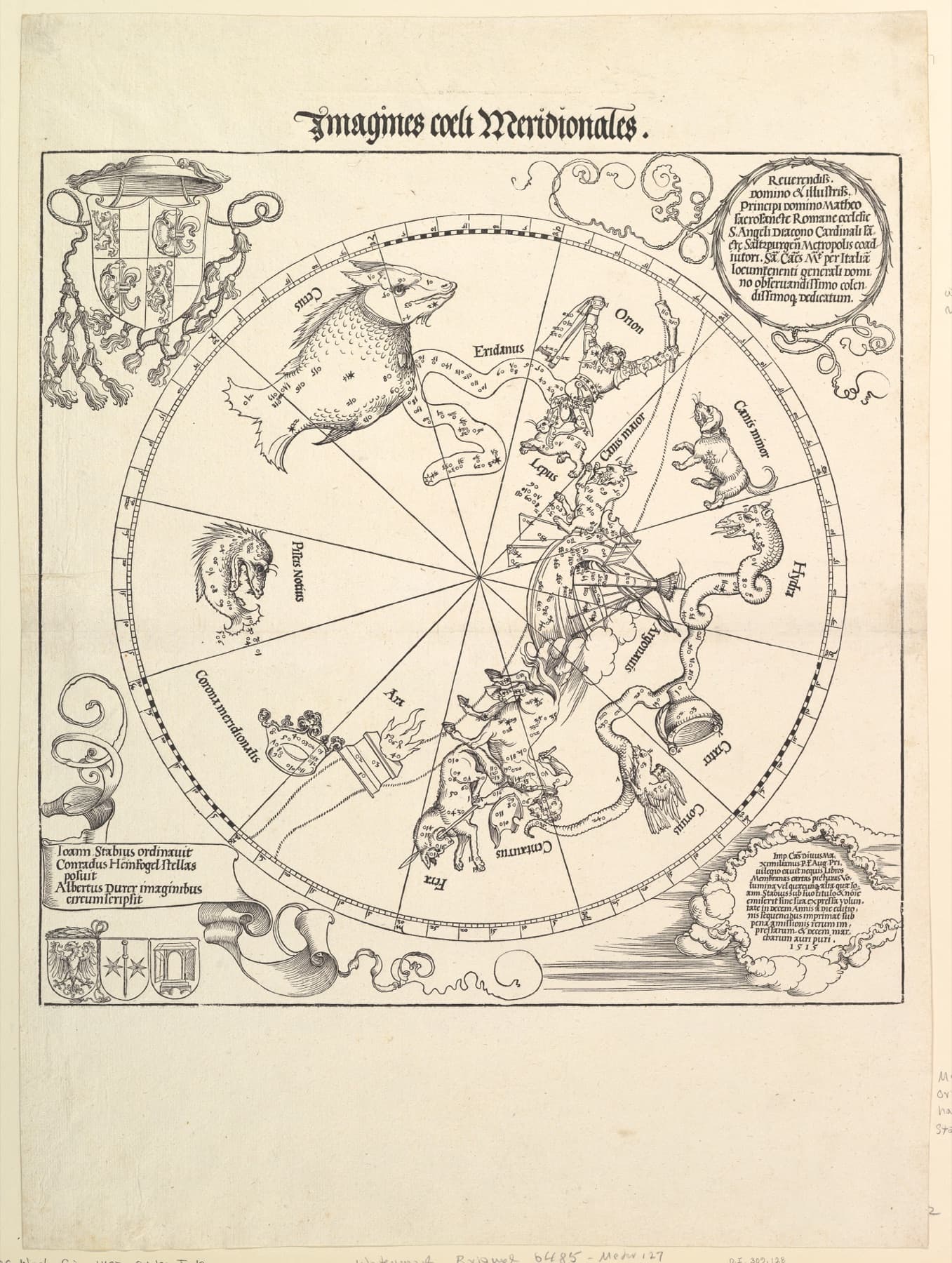 Xilografía de 1515 El globo celeste: hemisferio sur, de Alberto Durero, con constelaciones y la esfera celeste