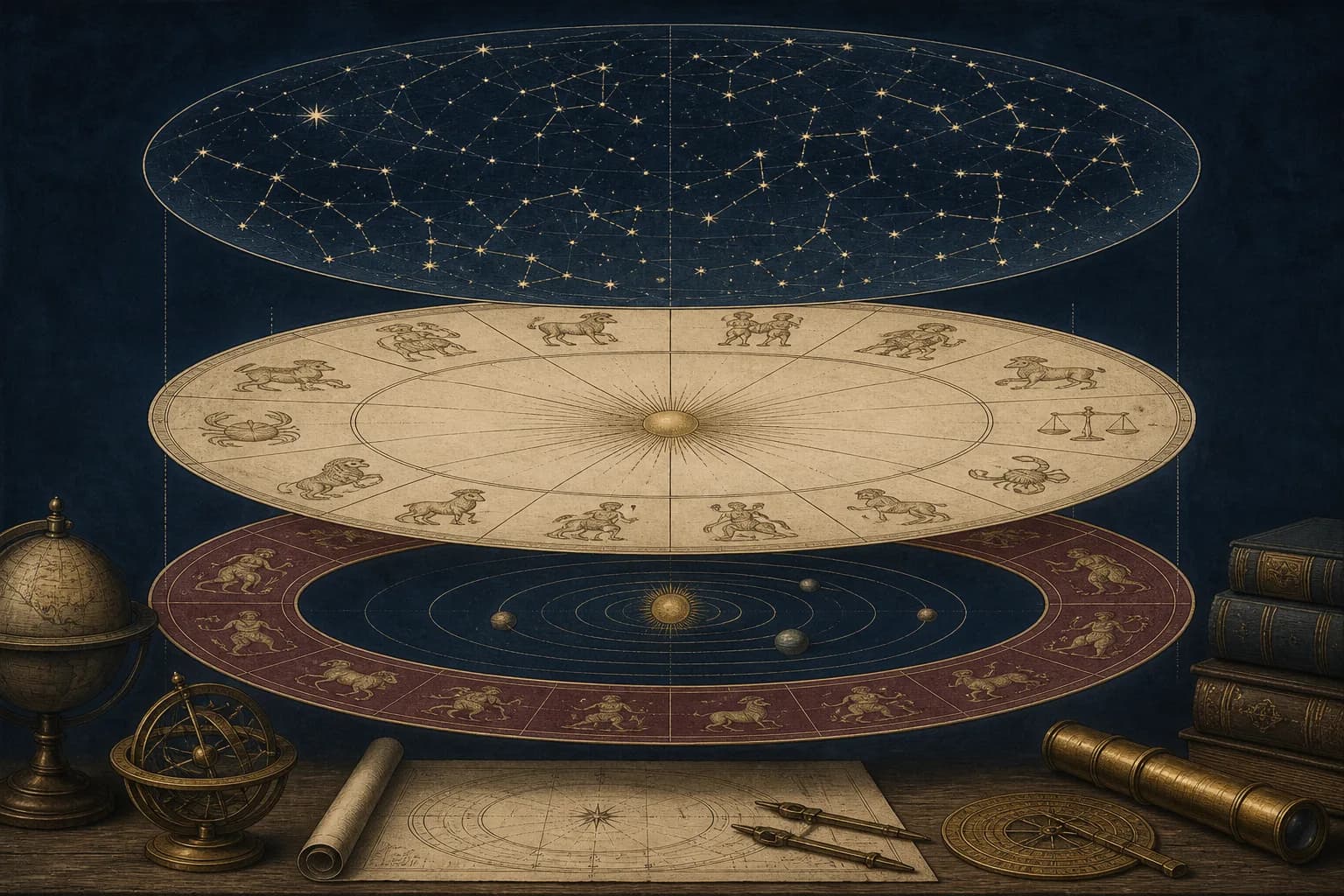 Celestial diagram overlaying irregular constellations, twelve equal signs, and the zodiacal belt