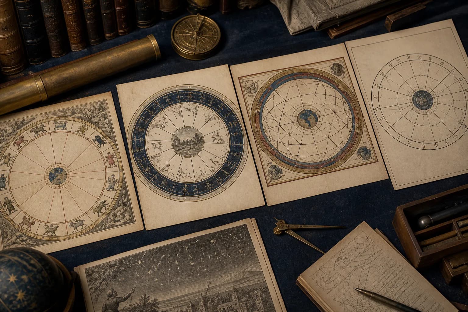Several classical charts using different geometric divisions on an archive table