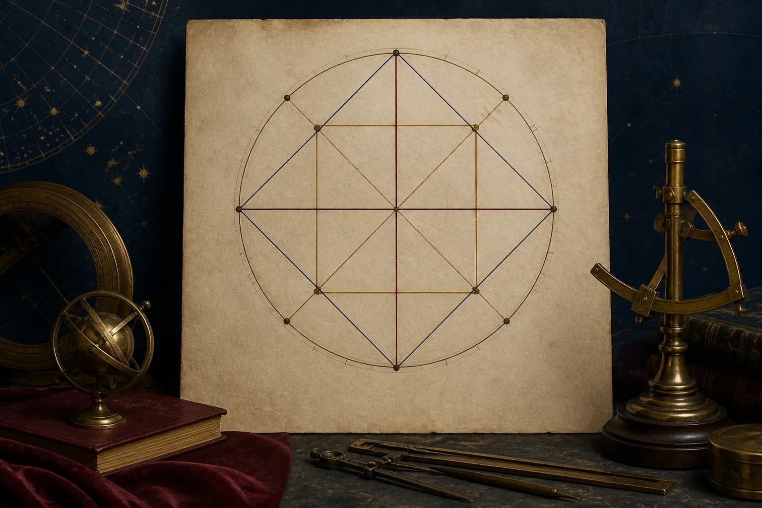 Circle divided by a diameter, triangle, square, and hexagon