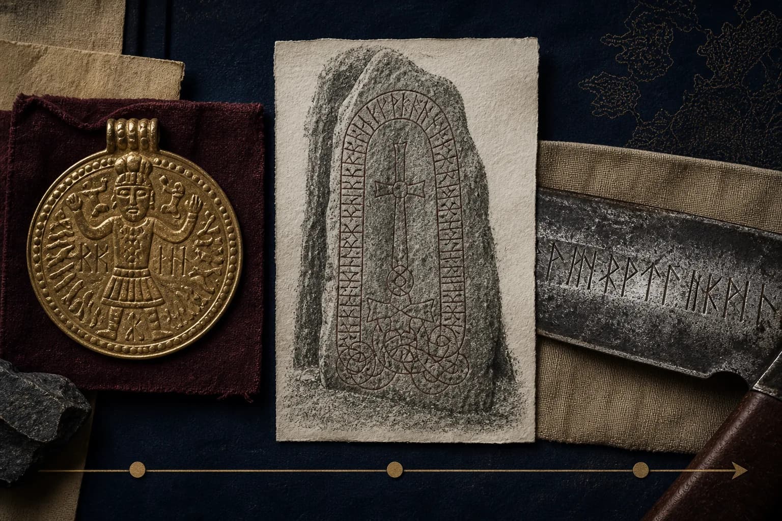 Three archaeological objects displaying Elder Futhark, Younger Futhark, and Anglo-Saxon rune rows
