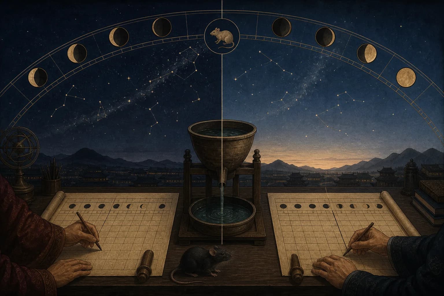 Zi double hour crossing midnight with two day boundaries beside a water clock