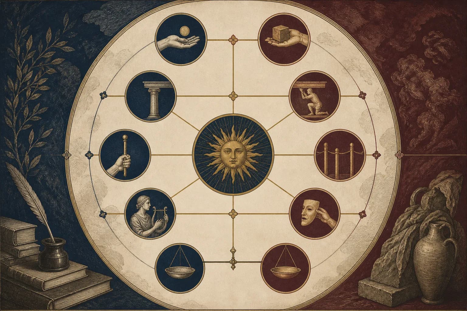 Ten patterns of support, expression, constraint, and exchange arranged around one day stem