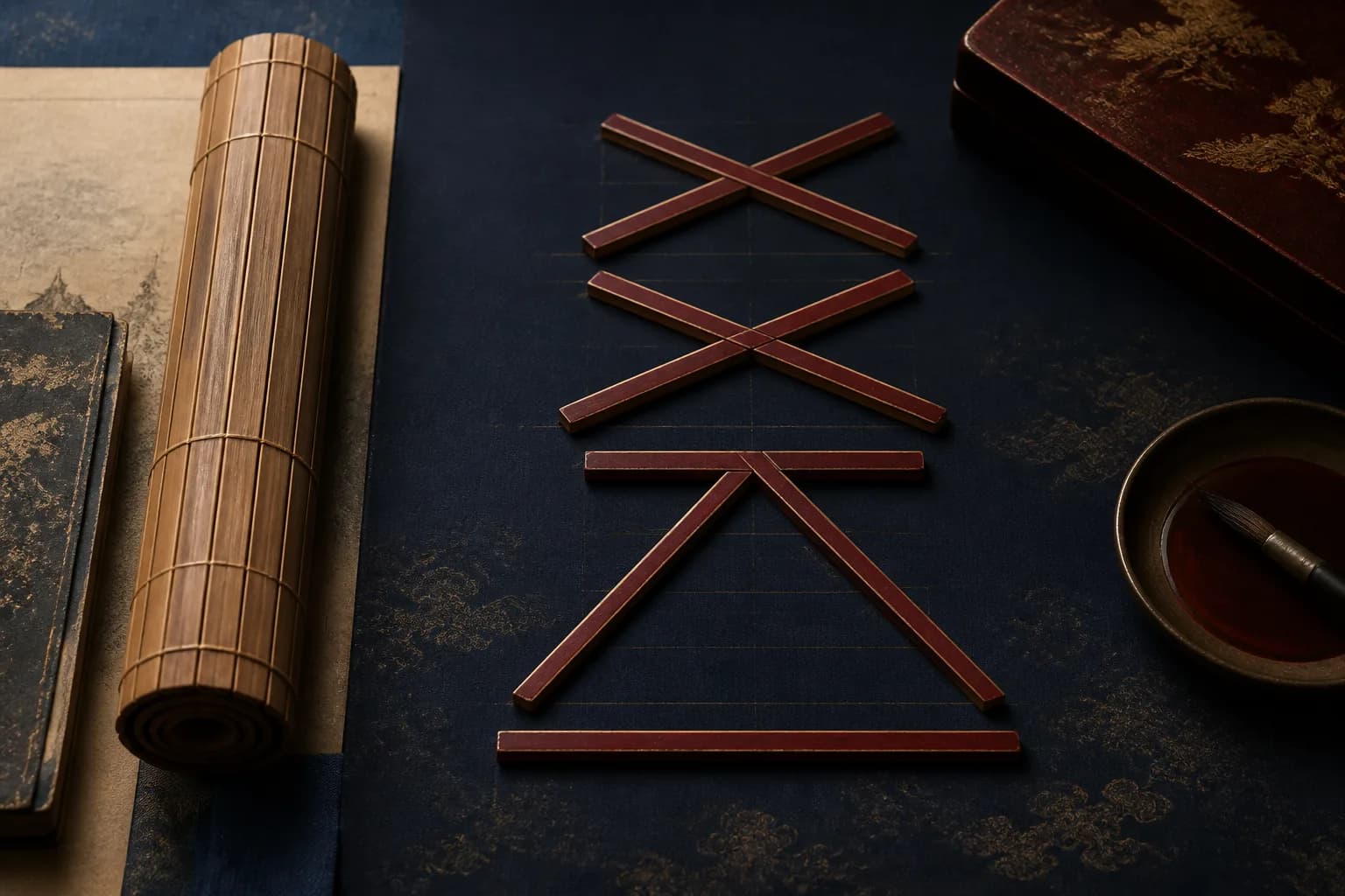 Six lacquered line pieces stacked into a hexagram beginning at the bottom