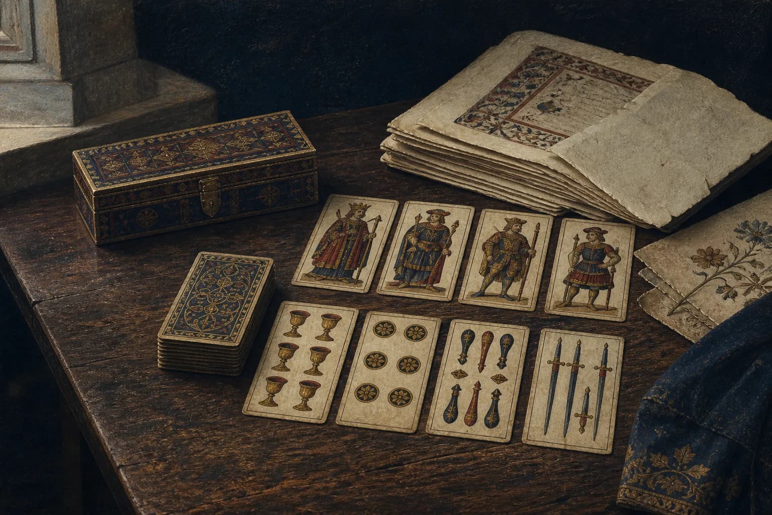 Hand-painted playing cards, a card box, and papers on a Renaissance table