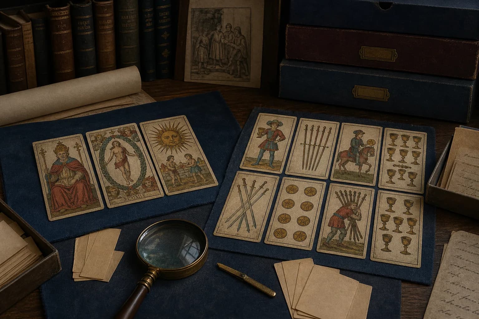 Early hand-painted cards sorted into groups beside archival catalogue slips