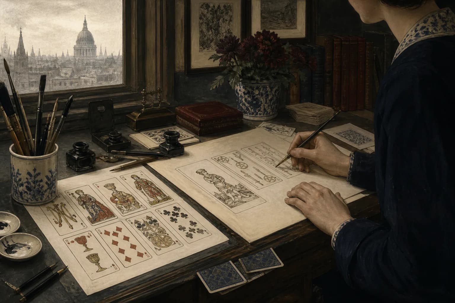 Early twentieth-century illustrator drawing narrative playing-card scenes at a work table