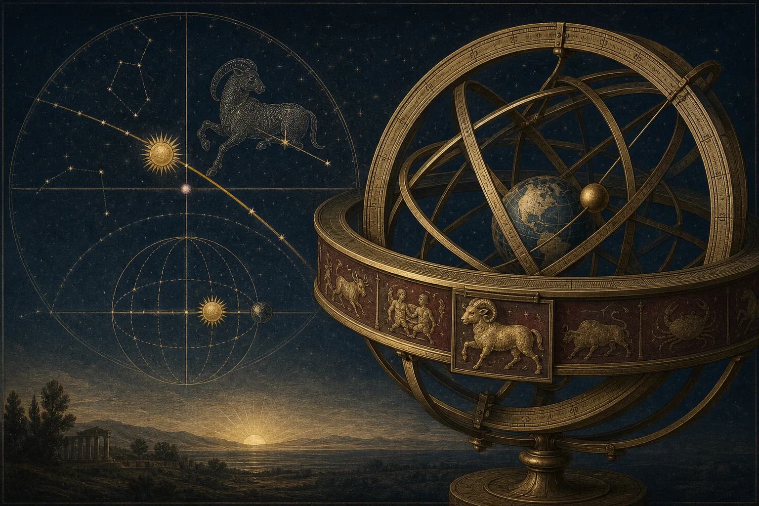 Classical armillary sphere with the ecliptic ring beginning at the equinox intersection