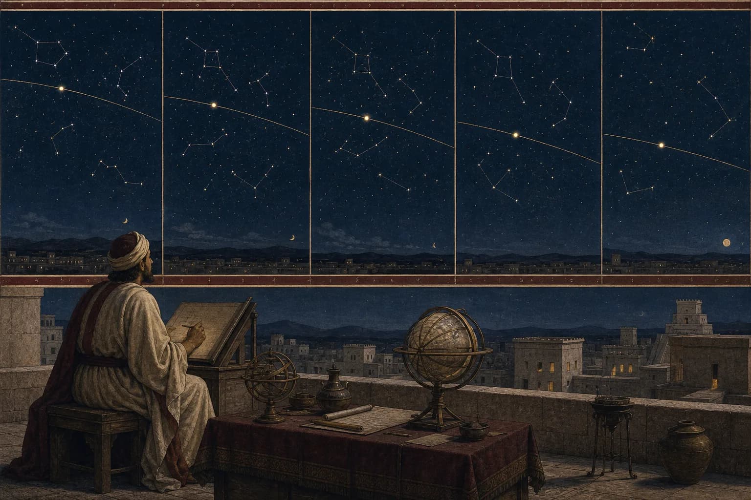 Ancient observer recording a bright planet moving against the stars over several nights