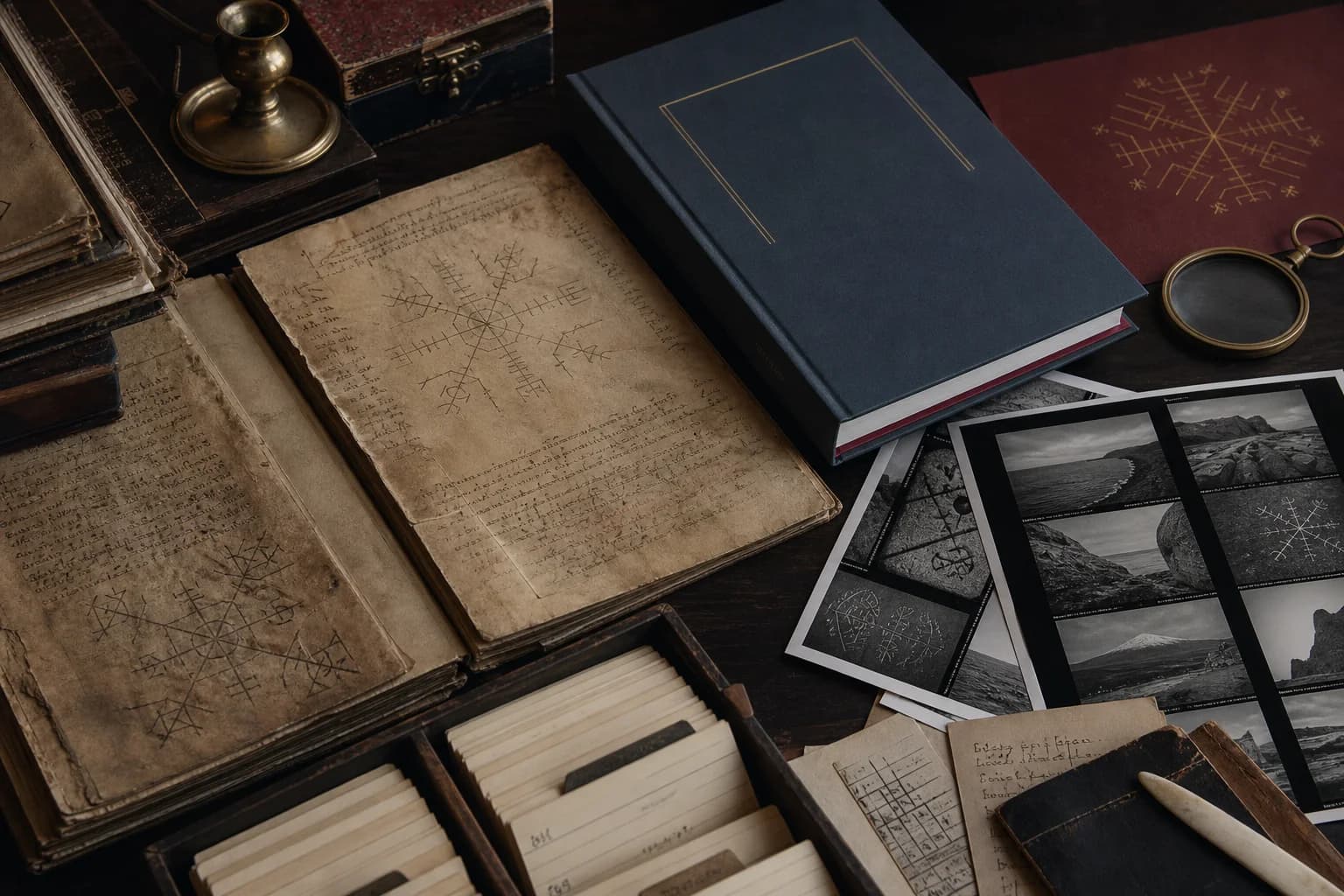 An Icelandic magical-stave manuscript, catalogue cards, and book proofs arranged on a wooden table