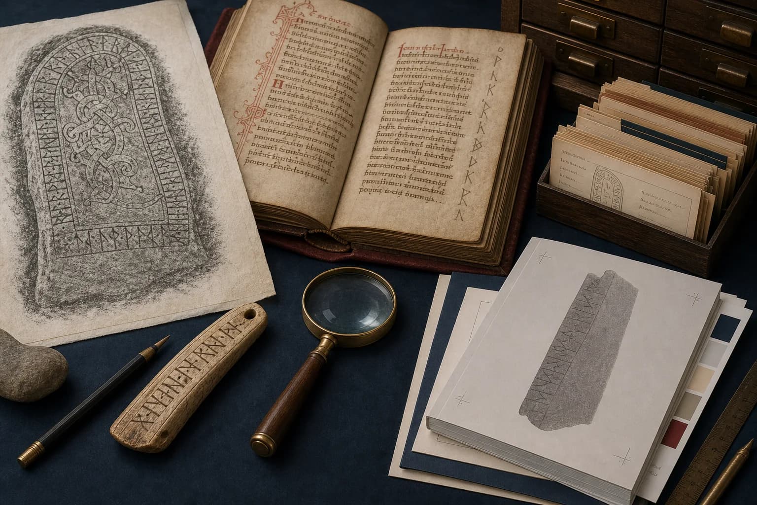 Runic inscription rubbings, portable objects, and a modern scholarly manuscript from different periods arranged on a table