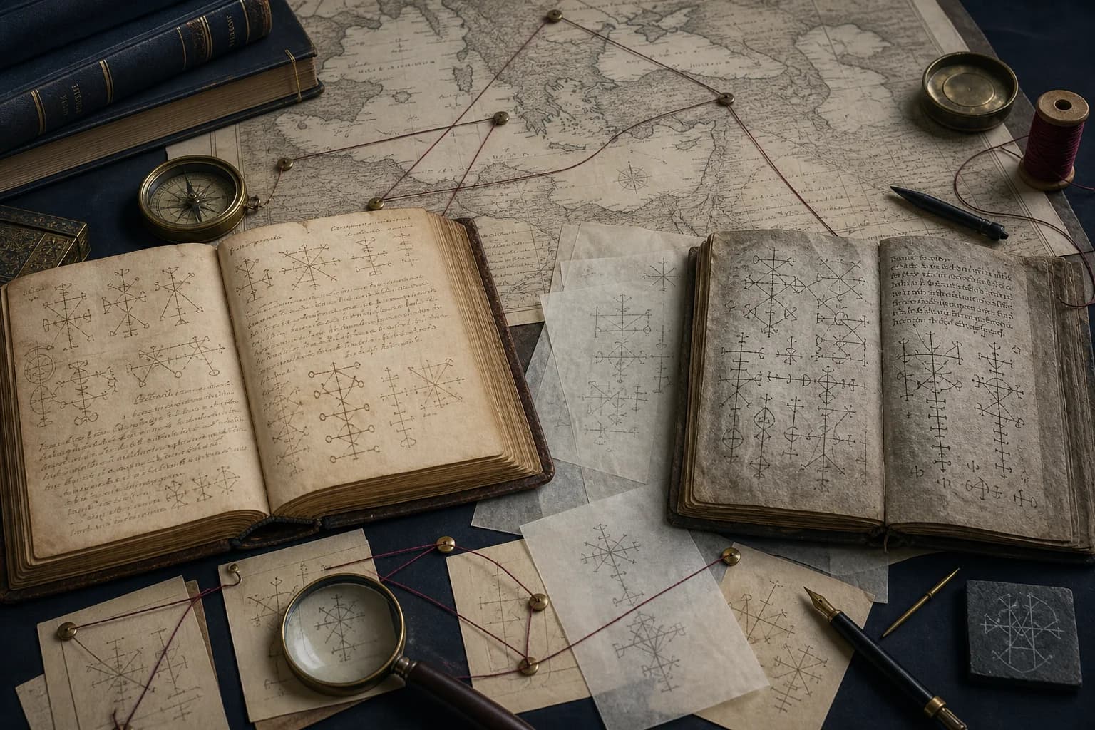 Mediterranean grimoire pages and an Icelandic stave manuscript compared on a research table