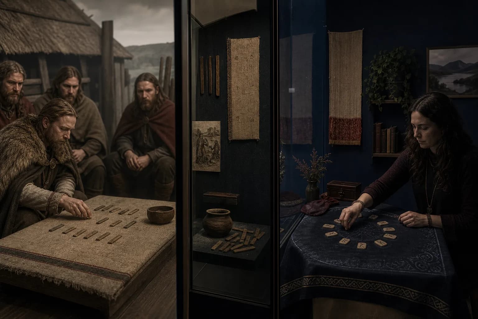 Ancient wooden lot-casting and modern rune casting on cloth shown as separate scenes
