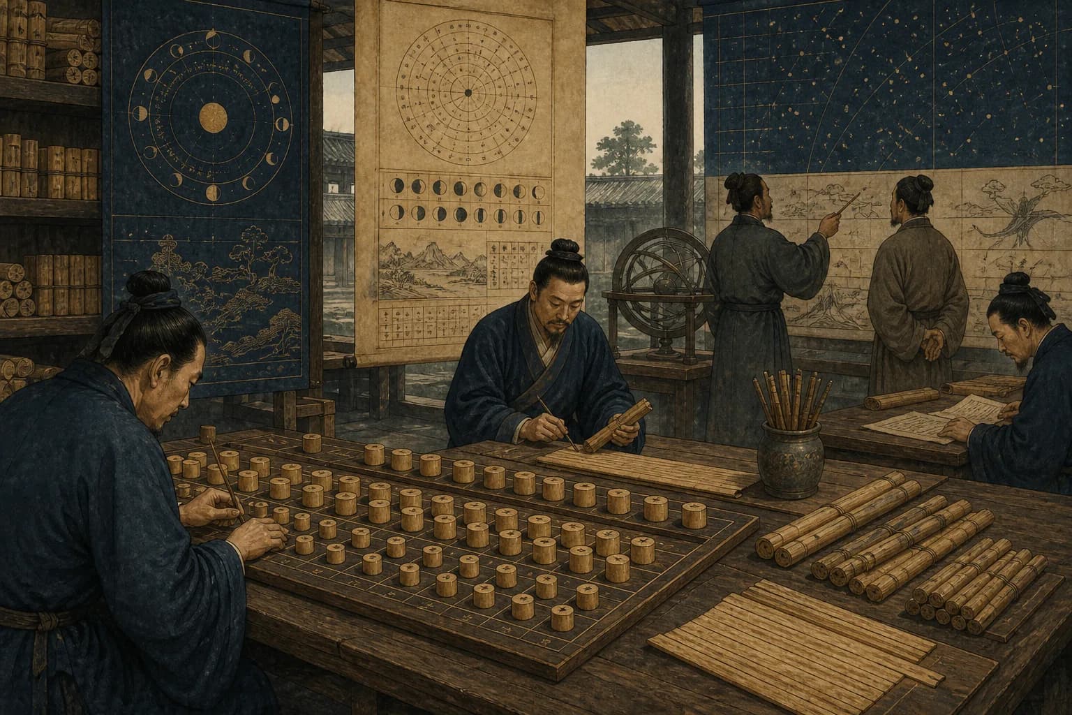 Ten stem counters and twelve branch counters advancing together on an ancient calendar table