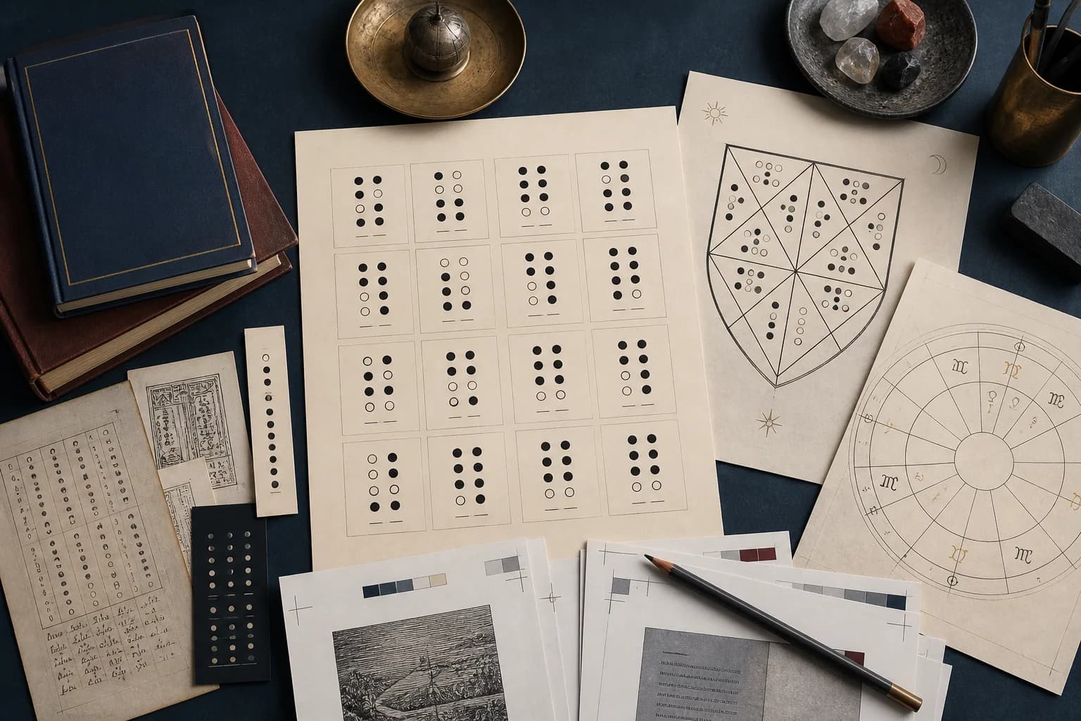 Sixteen geomantic figures, modern manual proofs, and a traditional chart arranged on a desk