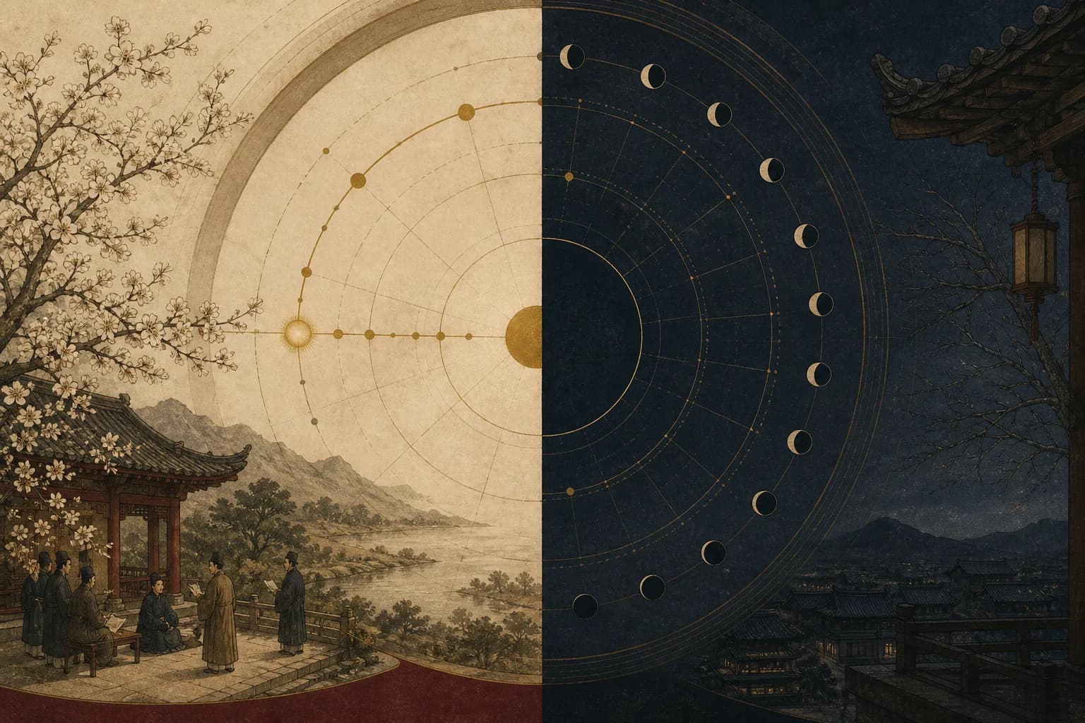The solar position of Lichun shown beside the new moon that begins Lunar New Year