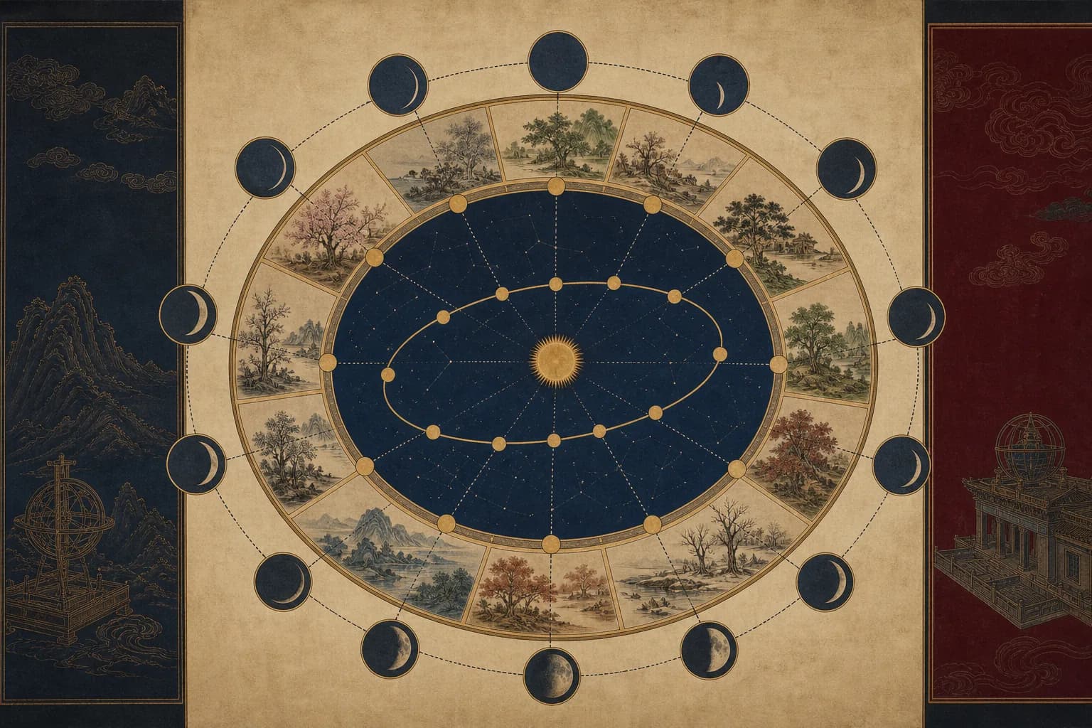 Twelve solar-term month boundaries shown against a nonaligned sequence of new moons