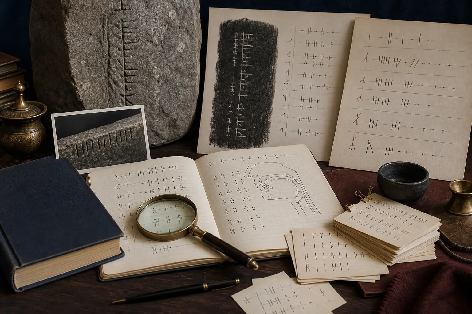 Ogham inscription rubbings, phonetic notes, and a scholarly monograph arranged on a linguist's desk