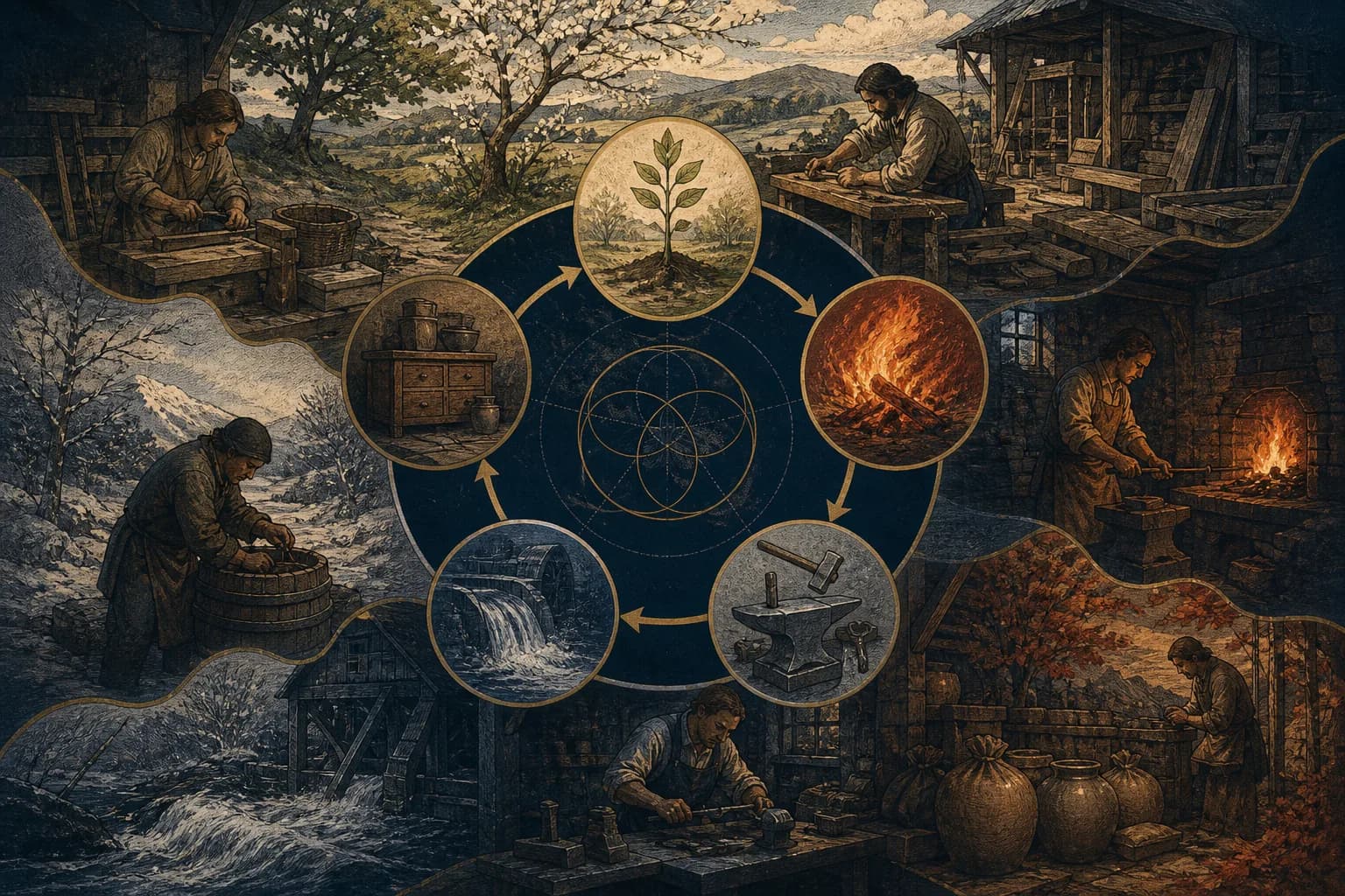 Seasonal cycle of sprouting, heat, transformation, contraction, and storage