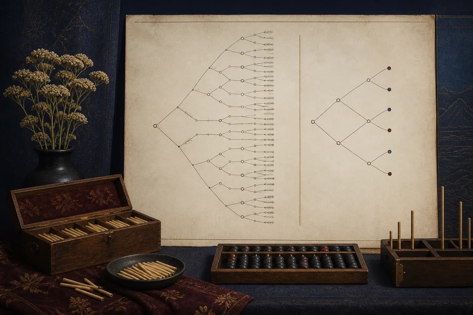 Two differently weighted probability trees formed by yarrow divisions and three coin tosses