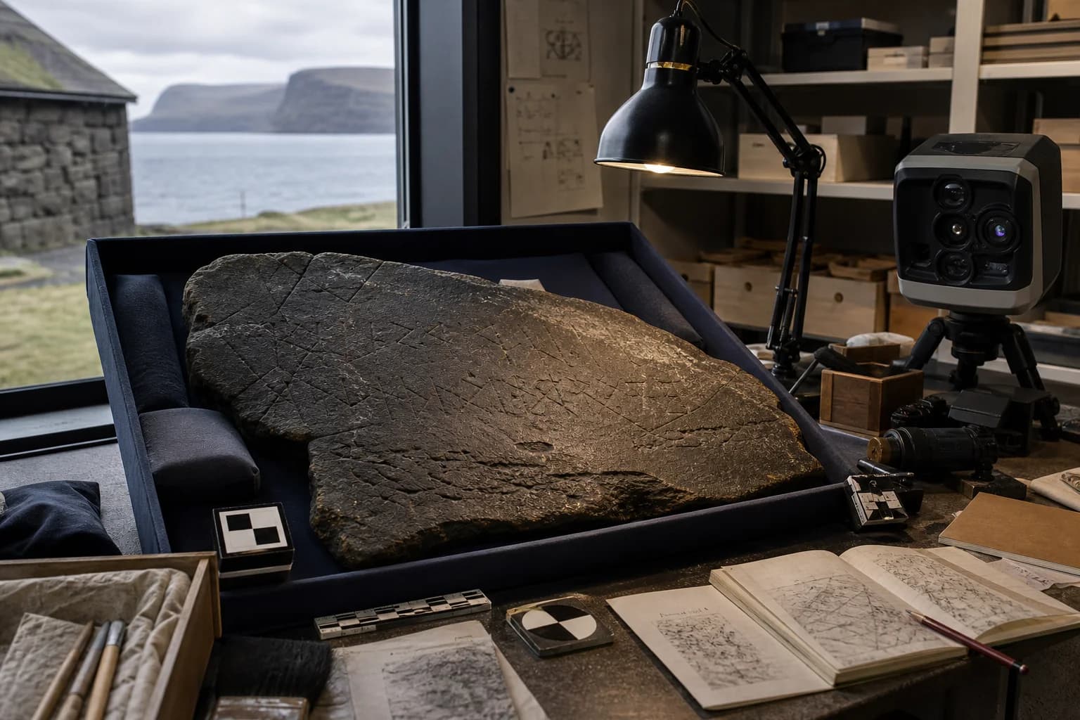A fragile excavated stone slab undergoing raking-light photography and 3D scanning in an archaeology lab