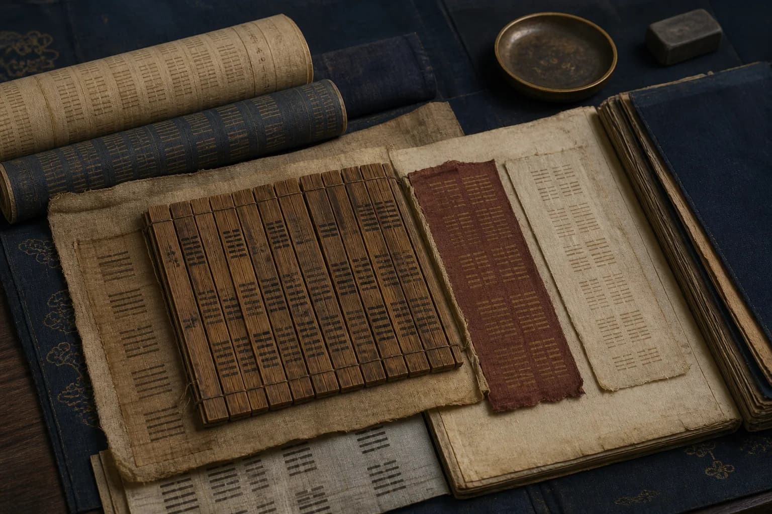 Early bamboo-slip statements and later silk and paper commentaries arranged in layers on a conservation table