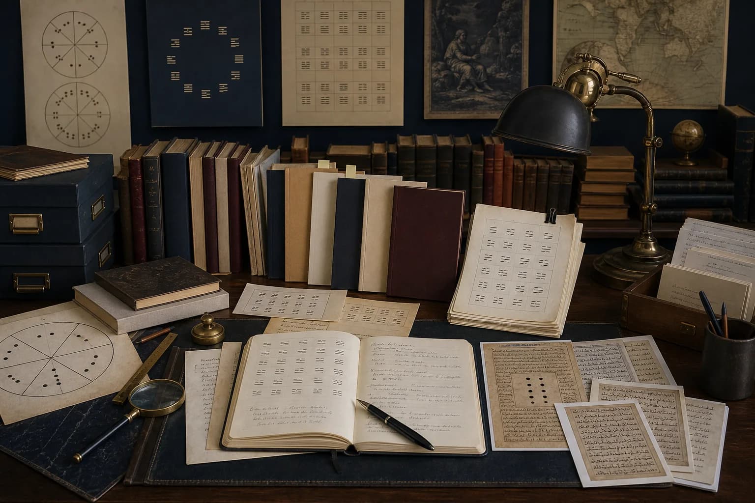 Western geomancy books from different periods, a sixteen-figure index, and publishing proofs arranged on an archive table